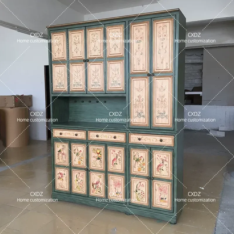 Multifunctional Foyer Entrance Cabinet Retro Storage Locker Mediterranean Painted Furniture Vintage Shoe Cabinet