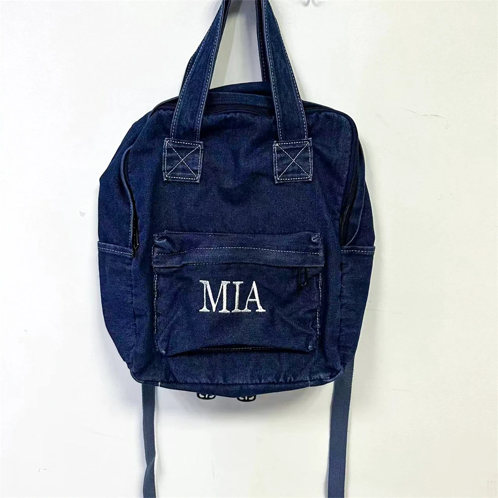 Custom Embroidery Name Women's Shopping Denim Backpack Birthday Wedding Party Gifts Denim Bag Personalized Travelling Totes