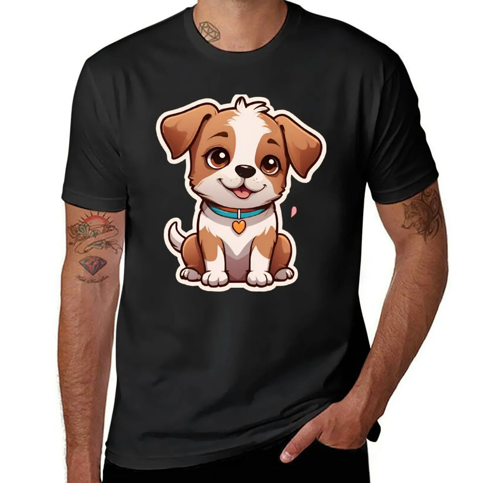 

Loving Puppy Hearts on His Collar T-Shirt cute tops anime summer clothes tshirts for men