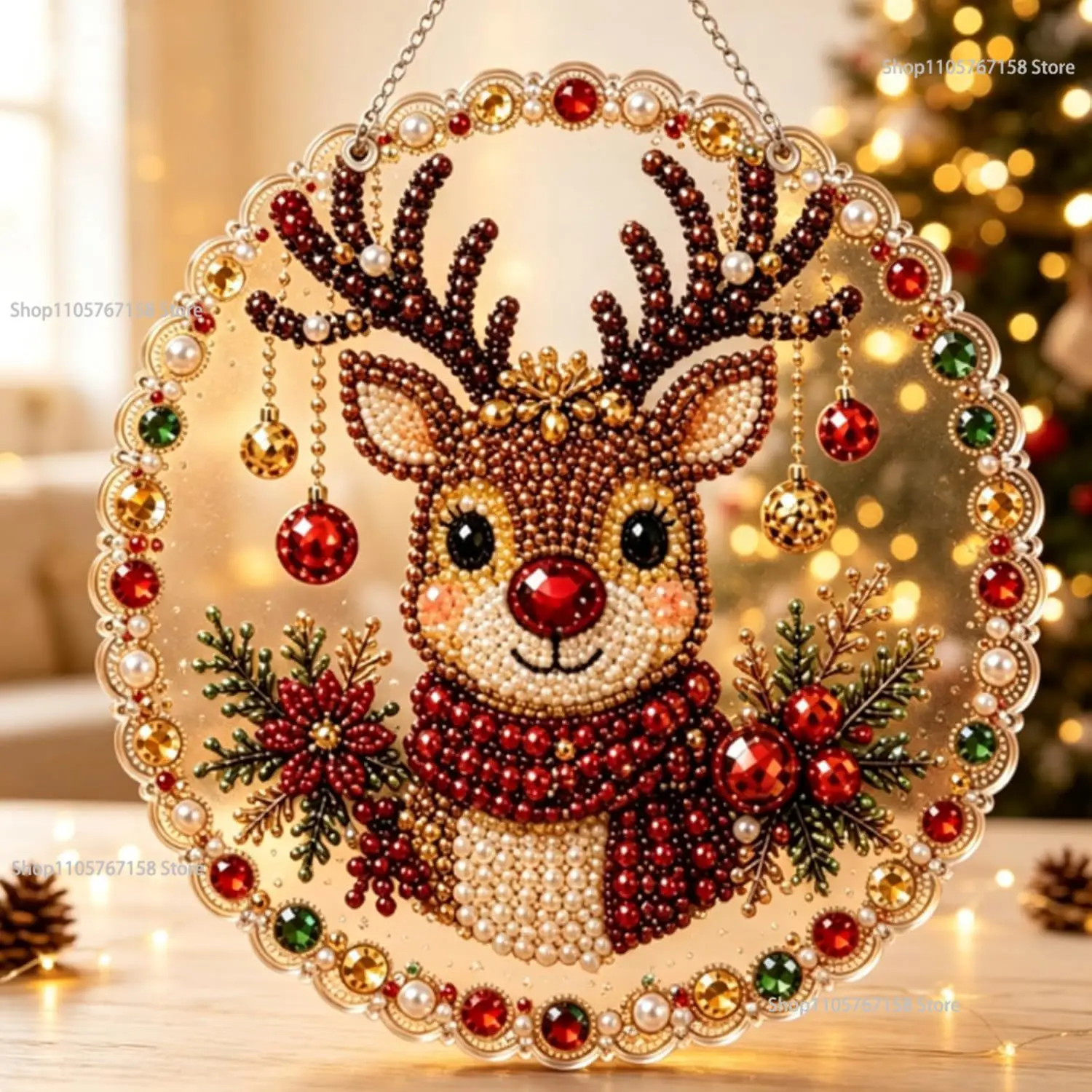Christmas Pearl Diamond Art Hanging Ornament Kit,Diamond Arts Window Suncatchers Pearls Bead Painting Kit for Home Wall Decor