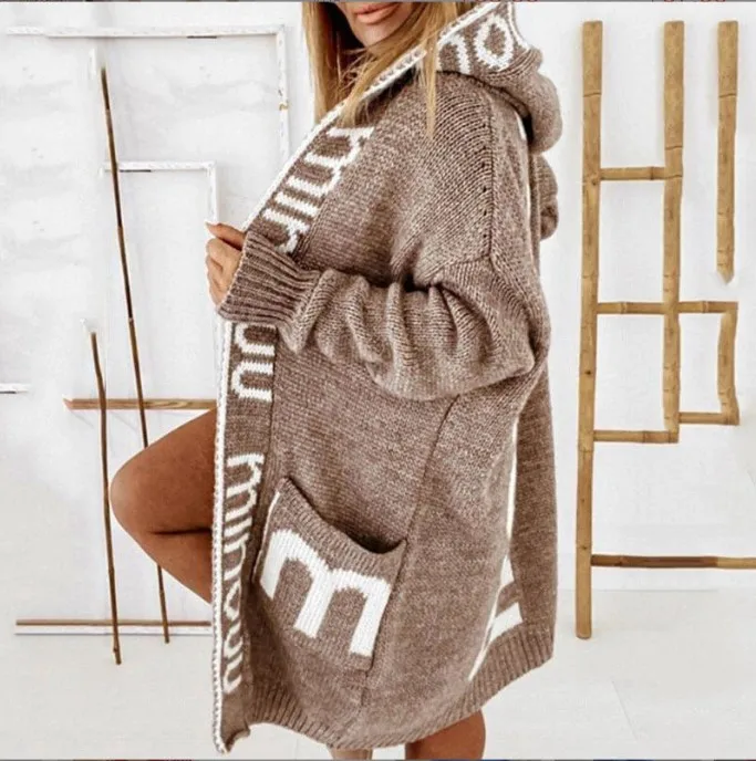 

Trendy Hooded Knitwear Long Sleeve Warm Cold Resistant Autumn Winter Women Midi Knitted Cardigan Sweater
