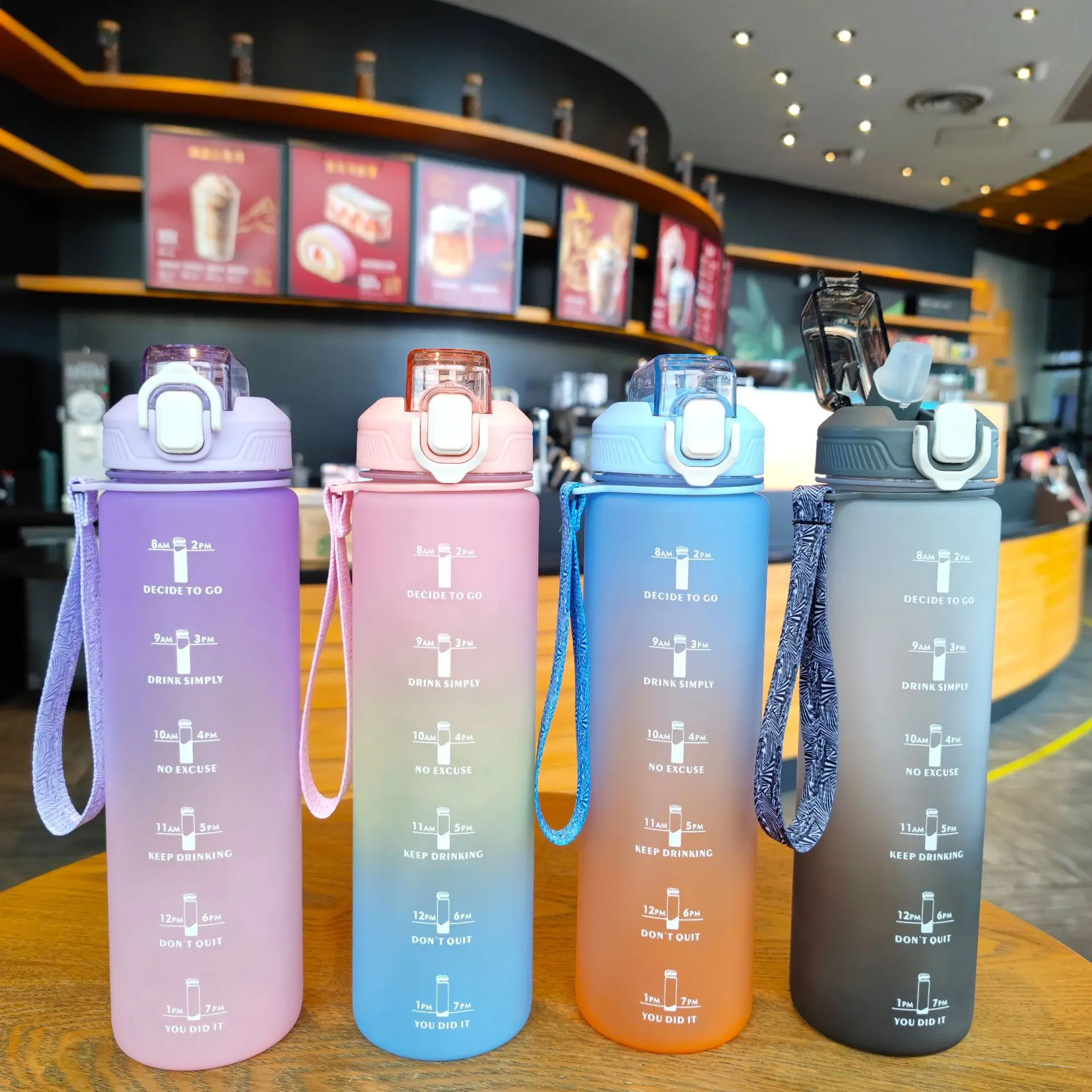 Men's And women's Fitness Gradient Color Plastic Duckbill Type Straw Sports Water Bottle Carry Rope Water Cup Free Shipping