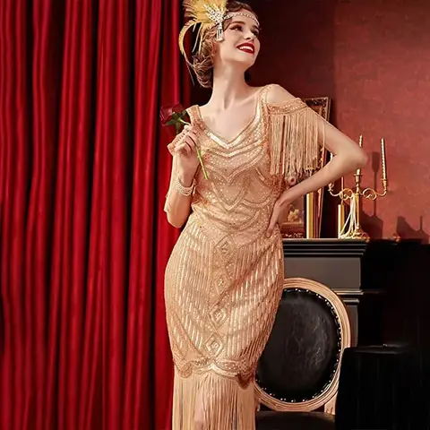 Gatsby Klänning 1920 Tema Dam Aftonfest Retro Fest Paljett V-ringad Hålaxlad Klänning Rheinstone 10 best sales 1920-talsklänning - №6