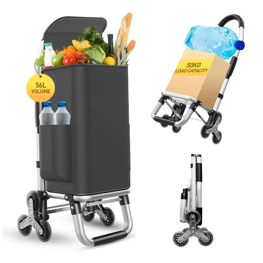 

Тележка для покупок 3-в-1, складная ручная тележка с 6 колесами, грузоподъемность 110 фунтов, портативная универсальная тележка, водонепроницаемая сумка для покупок.