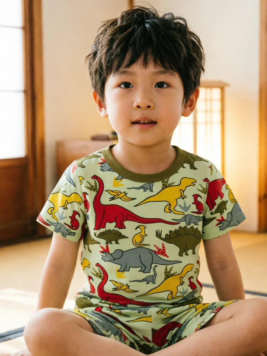 Summer Dinosaur Pajamas Set for Boys 2 Piece Short Sleeve Shorts 100% Cotton Soft Breathable Kids Sleepwear Age 1-8 Years Top