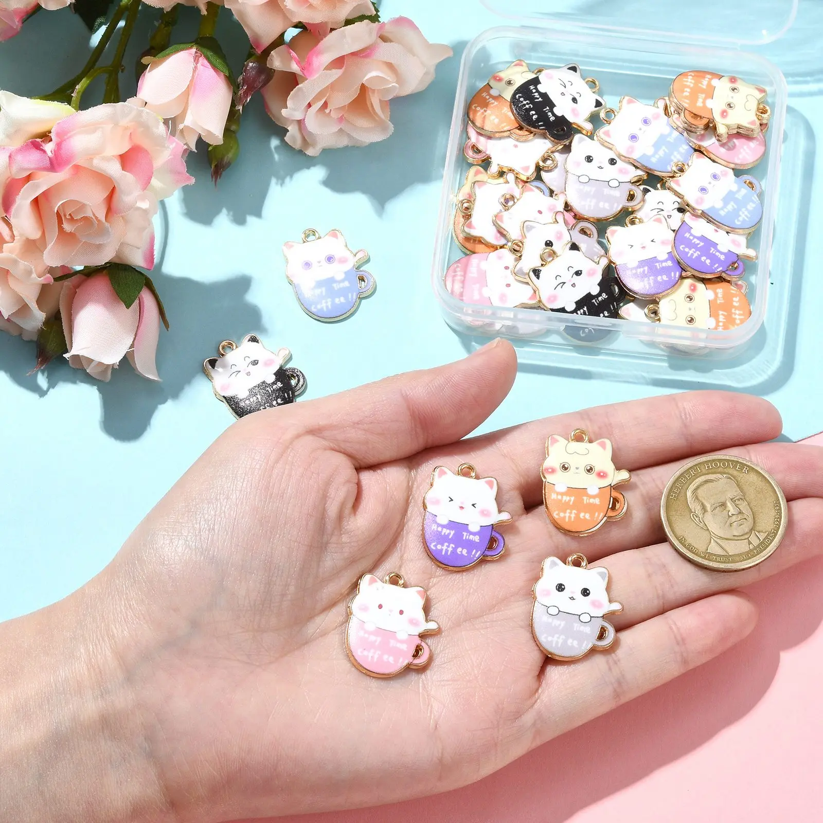 30Pcs 6 Colors Cat with Coffee Cup Enamel Charms Cute Animal Tea Cup Charms for Jewelry Making