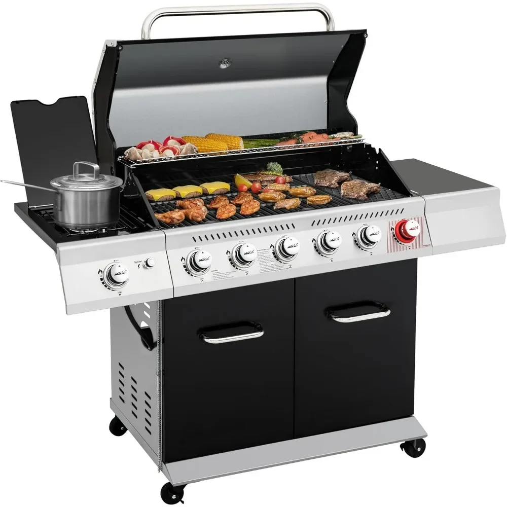 GA6402H 6-Burner Propane Gas Grill with Sear Burner and Side Burner, 74,000 BTU, Cabinet Style Outdoor BBQ Grill  Outdoor Stove