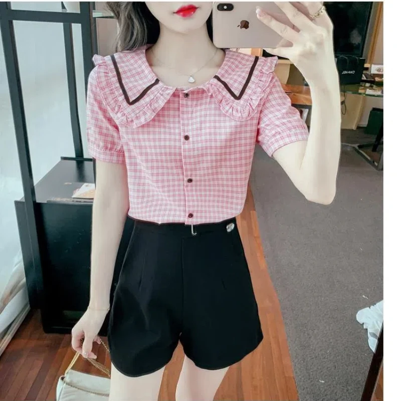 Fashion Korean Summer New Blouses Women\'s Polo Collar Spliced Editable Tree Fungus Plaid Button Loose Casual Short Sleeve Shirts