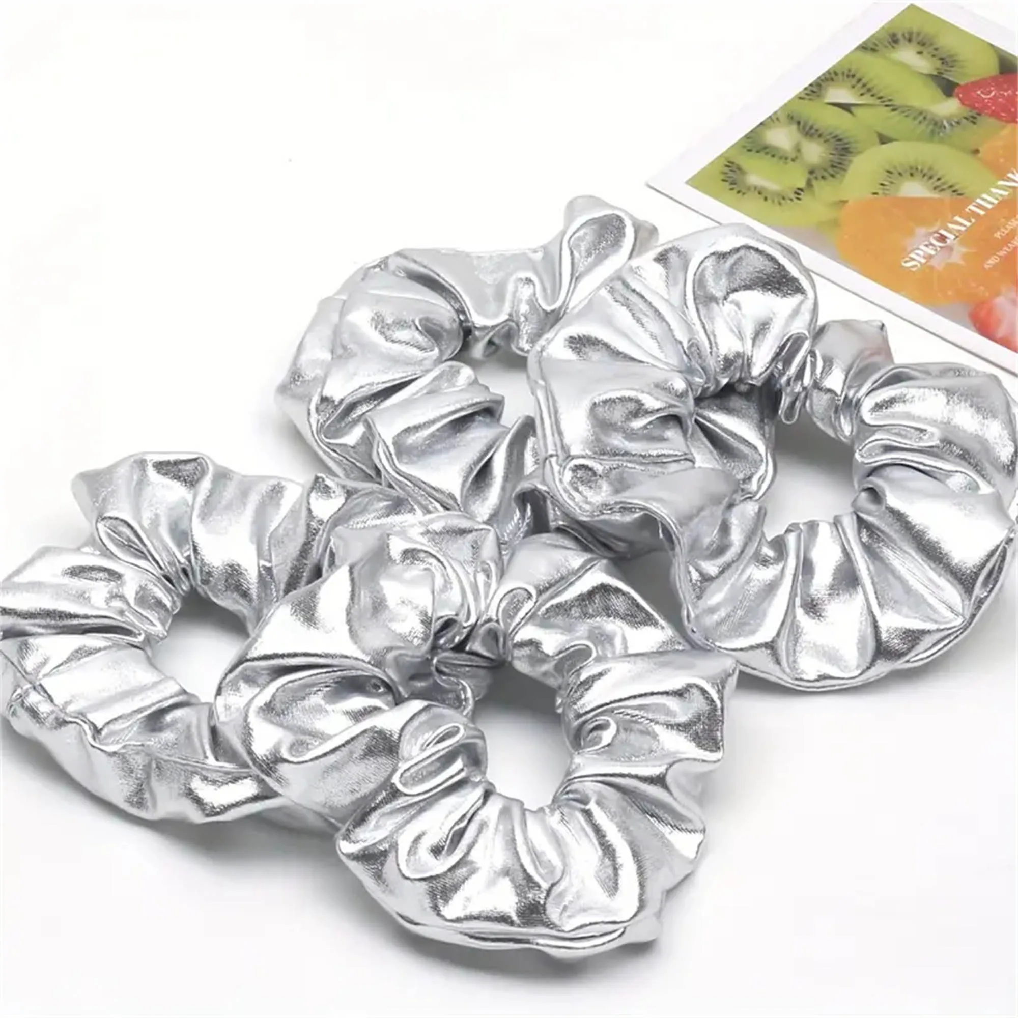 6Pcs/20Pcs Metallic Silver Gold Hair Scrunchies Wholesale Leather Cheerleading Scrunchies Girl Ponytail Holder Elastic Hair Band