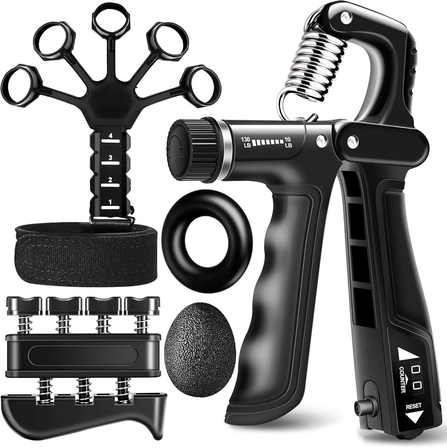 

Набор из 5 регулируемых тренажеров для развития силы хвата для предплечий, рук и пальцев с счетчиком, сопротивление 10-130 фунтов