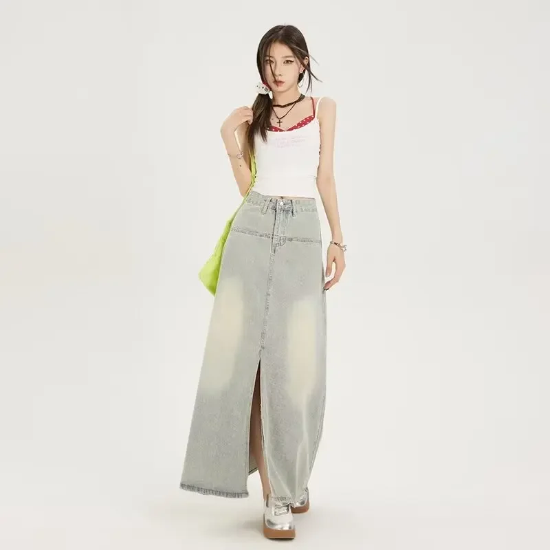 デニムスカート レディース アメリカン トレンド ダメージ加工 秋 Aライン ホットガール スリット ハイウエスト ストレート ラップ ヒップデザイン 気質 Y2K