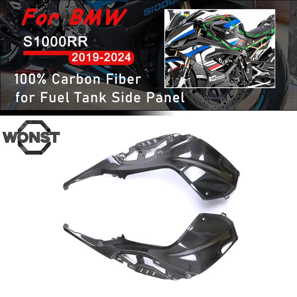 

3K Dry Full Carbon Fiber Motorcycle Tank Side Fairings Kit Panels Covers For BMW S1000RR 2019 2020 2021 2022 2023 2024 M1000RR