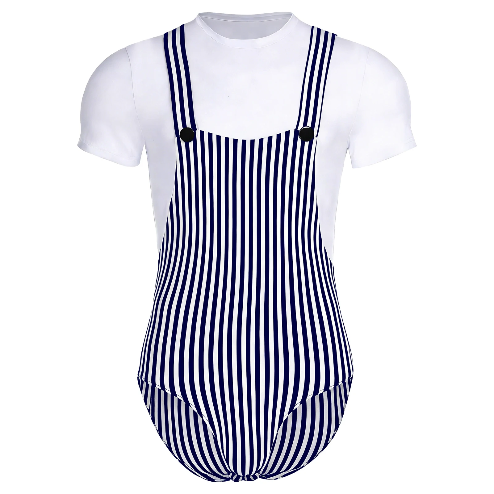 Men Overalls-style Striped Fake 2-piece Bodysuits Nightwear Short Sleeve Buttoned Crotch Leotard Jumpsuit for Lounging Sleeping
