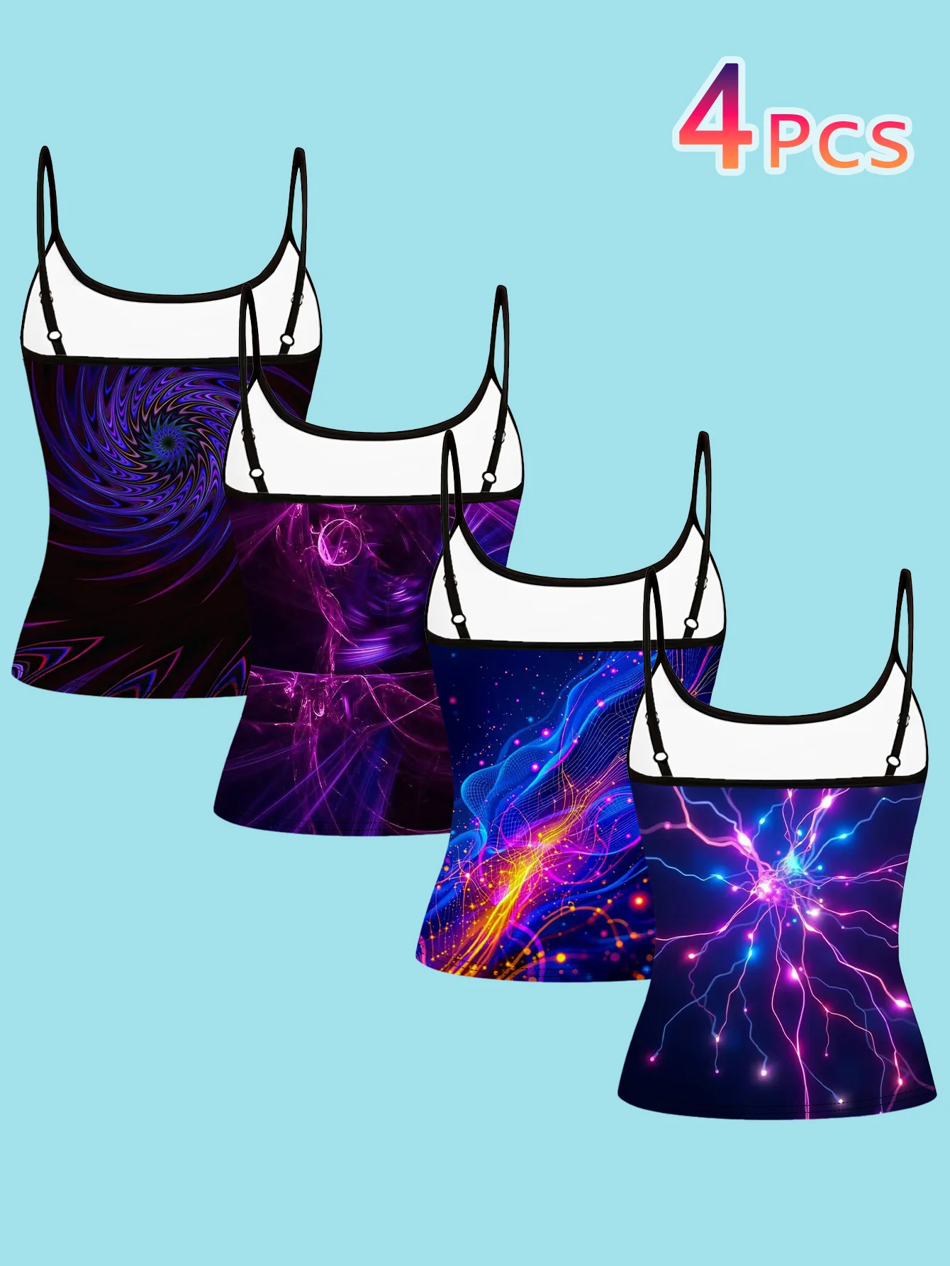 4-Piece Set of Women's Spaghetti Strap Camisole Tops with Black Base, Cyber Neon Light Effect Swirls, Lightning, Starry Sky Art Print, Slim Fit Sleeveless Tops