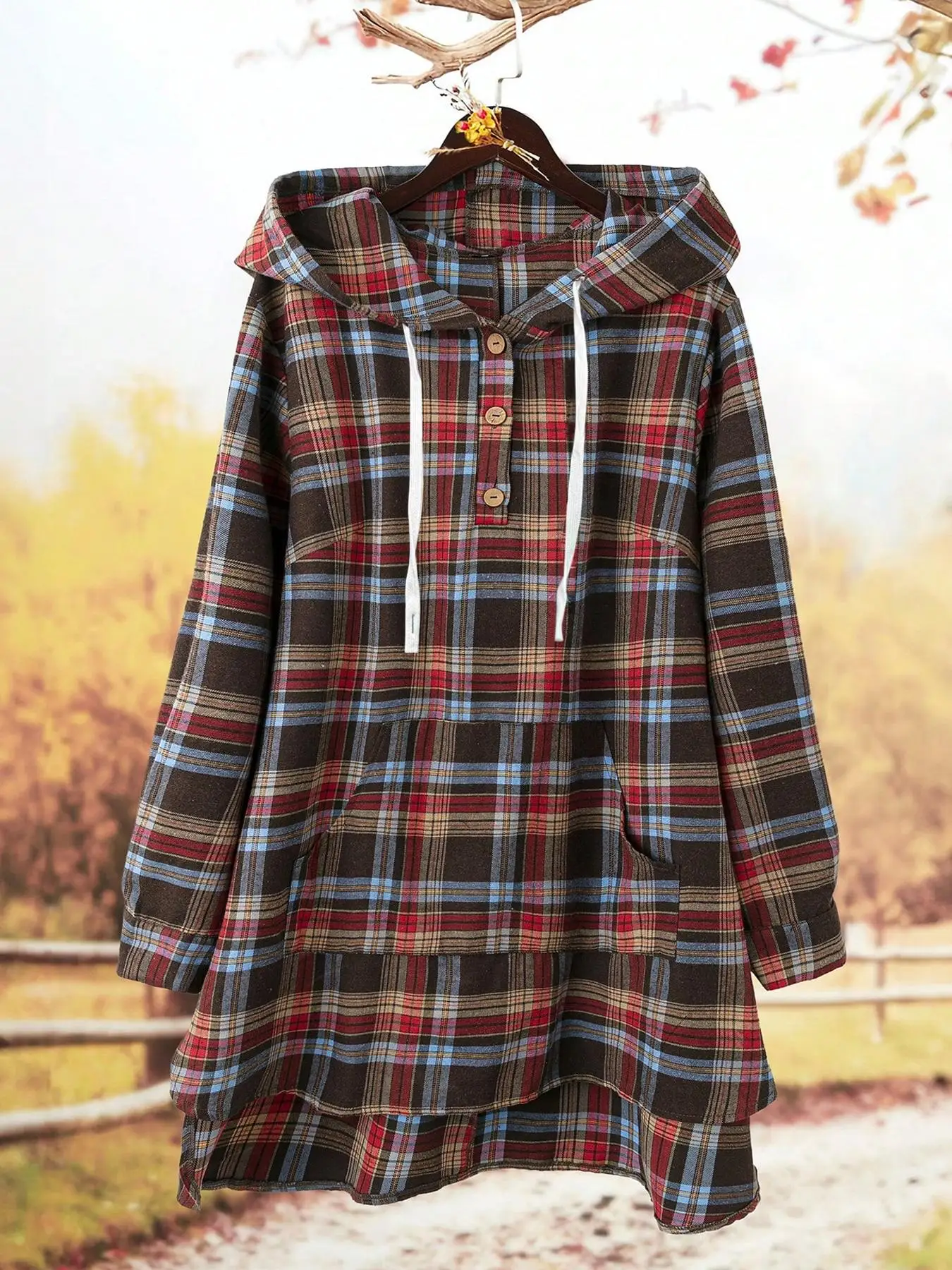 

【Plus Size】 Plaid Print Half Button Drawstring Hoodie, Casual Long Sleeve Kangaroo Pocket Asymmetrical Hem Hoodie for Spring & F