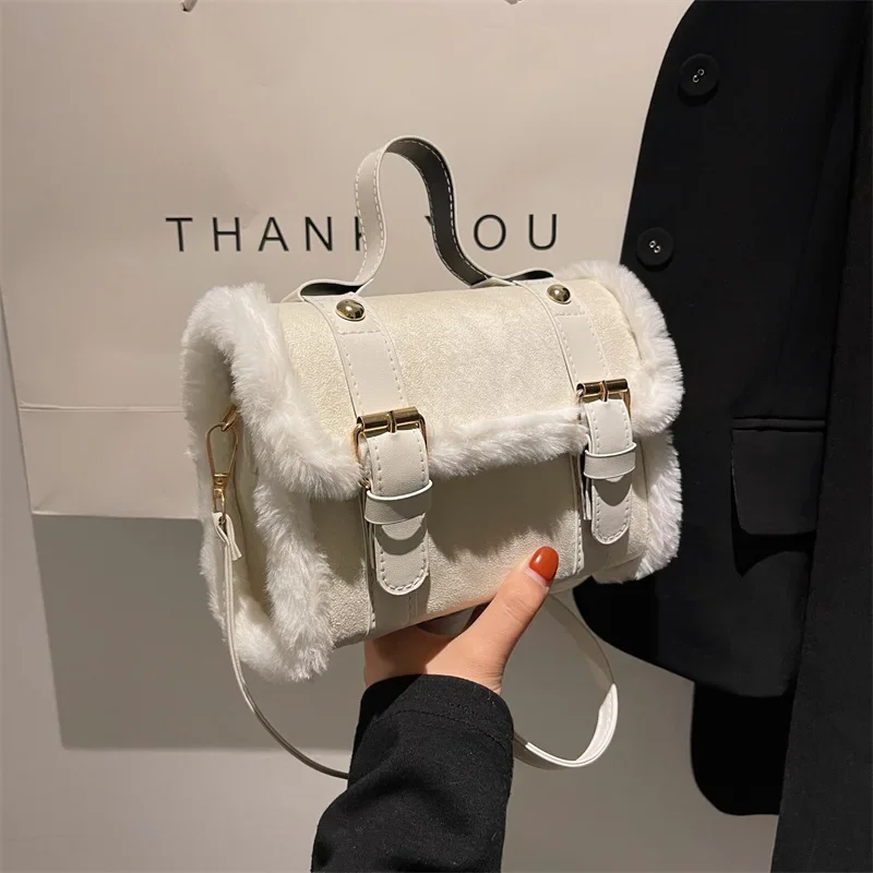 

Women's Lamb Wool Suede Handbag Autumn Winter New Versatile Commute Shoulder Crossbody Bags Chic Vintage Small Square Bag