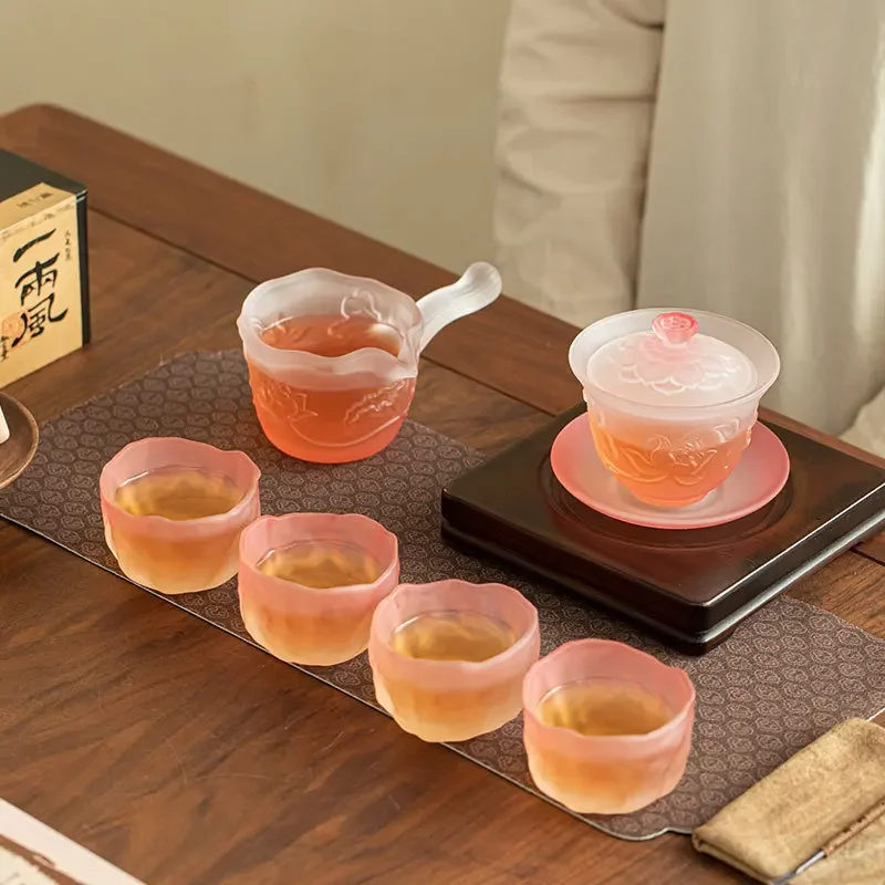 Pink Mist Lotus Pond Moonlight Sancai Bowl with Four Cups Household Anti-scald Glass Fair Cup High-end Pink Gift Kung Fu Tea Set