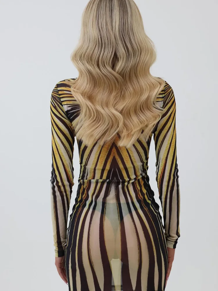 Ahagaga Sexy Club Mini abiti da donna Stampa Dolcevita Regular Maniche lunghe Guaina Sheer Slim Fit Causale Streetwear Abiti