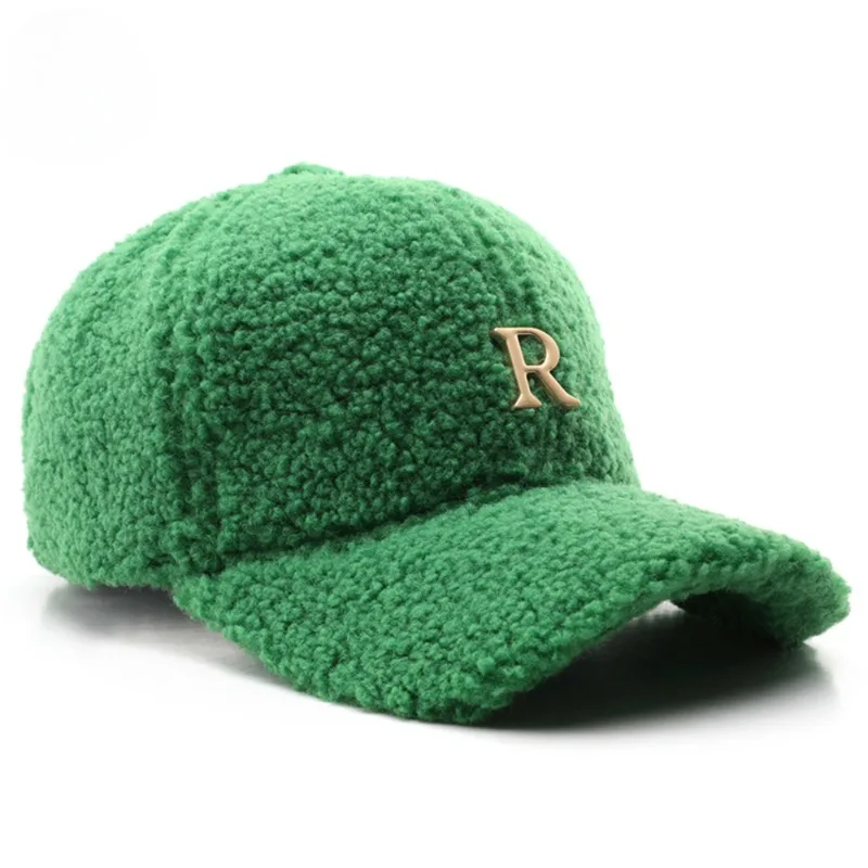 

Winter Green Lambswool Baseball Caps For Men Brand Warm Women Hat Travel Windproof Face Cap Gold Letter Fashion Hats Gorras