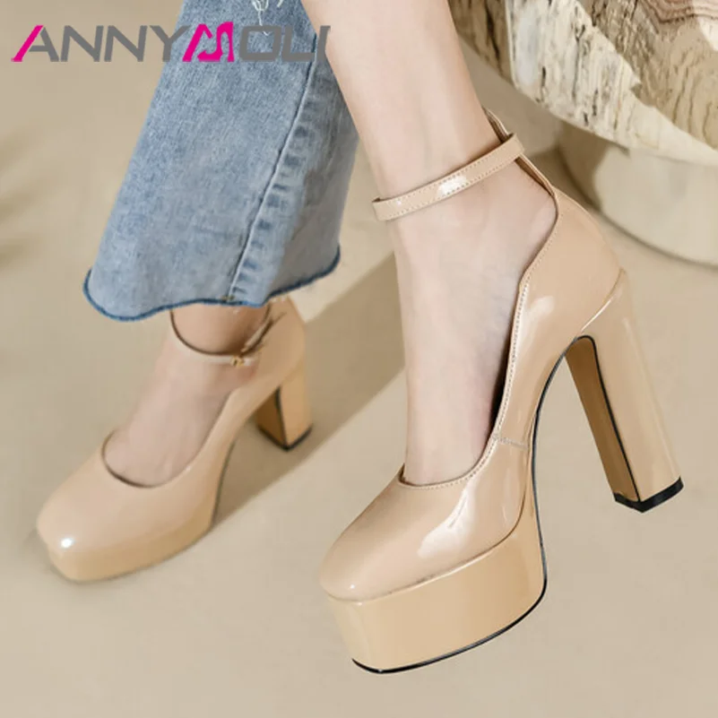 

ANNYMOLI Women Genuine Leather Pumps Platform High Hoof Heels Round Toe Ankle Strap Buckle Concise Party Spring Autumn Shoes