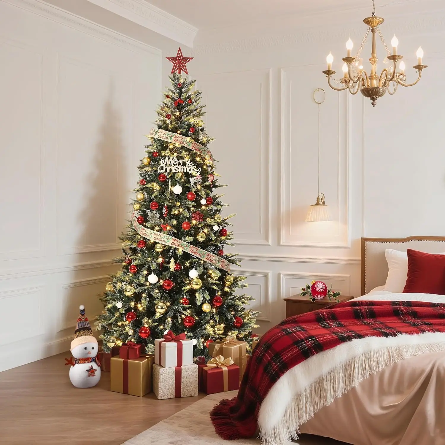 

6.5Ft/75FT Pre Lit Artificial Christmas Tree, Green Xmas Tree with 300 LED Lights Built in & PE/PVC Branches Tips for Home Decor