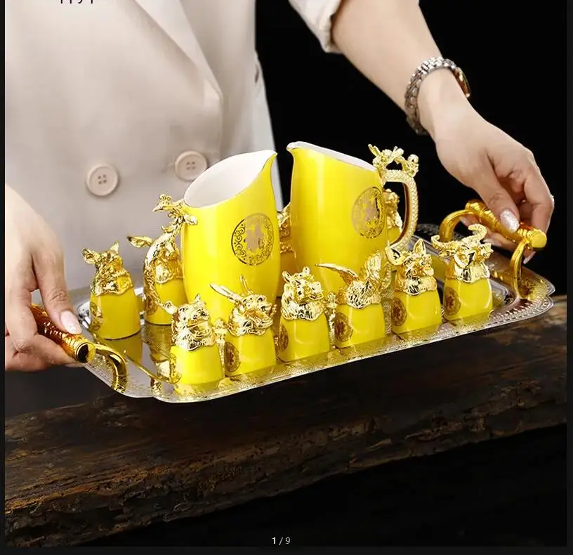 Chinese Zodiac Signs White Wine Glass Set Dragon and Phoenix Dispenser Ceramic Shot Sets Gift Box