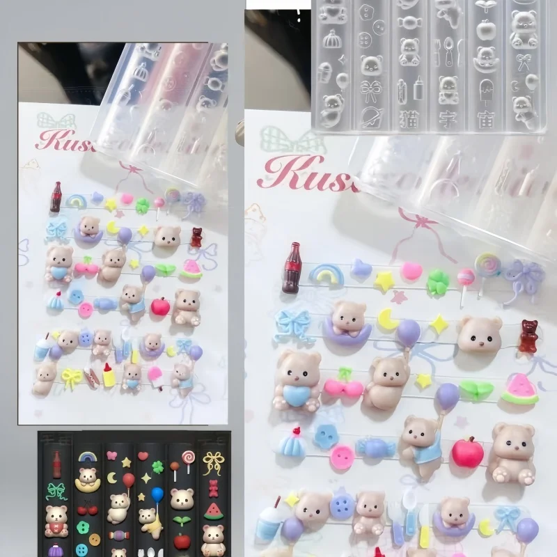 1PC Silicone Nail Art Mold Cartoon Lace Bow Rabbit Cute Bear Balloon Flower Button Nail Art DIY 3D Decoration Mold