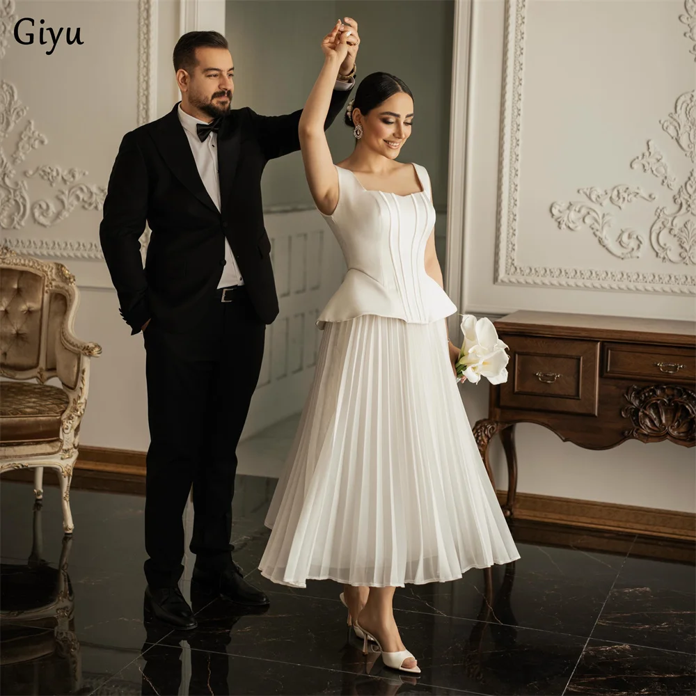 Giyu Classic Square Collar A-line Wedding Dresses For Woman Pleat Ankle-Length Back Tie Bridal Gown Vestidos De Novia Customized