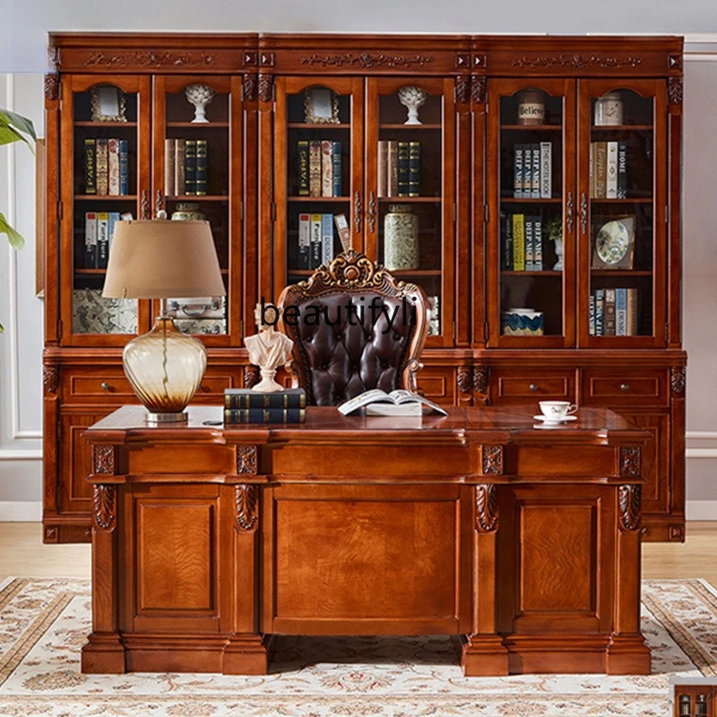 American-style Solid Wood Desk Boss Office European-style retro Desk Luxury Writing Desk