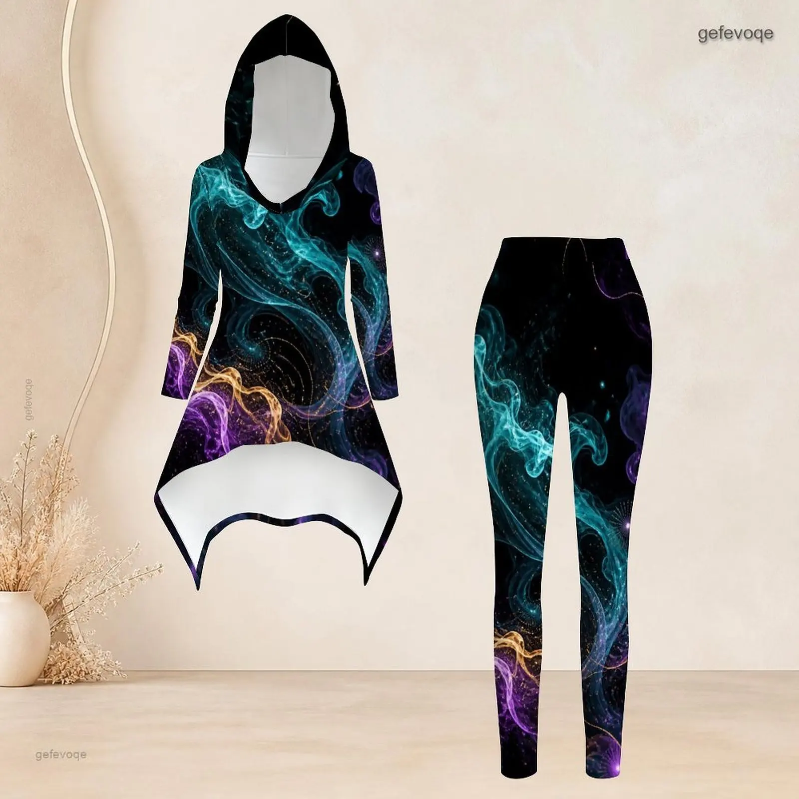 Women Rainbow Tie Dye Printed Hooded Long Sleeve High Low Top and Fitted Leggings Two Piece Set