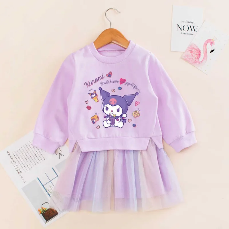 Y2k Dress Spring Autumn Kawaii My Melody  Ins Baby Gauze Dress Cute Kuromi Long Sleeve Hooded Skirt Kids Gifts