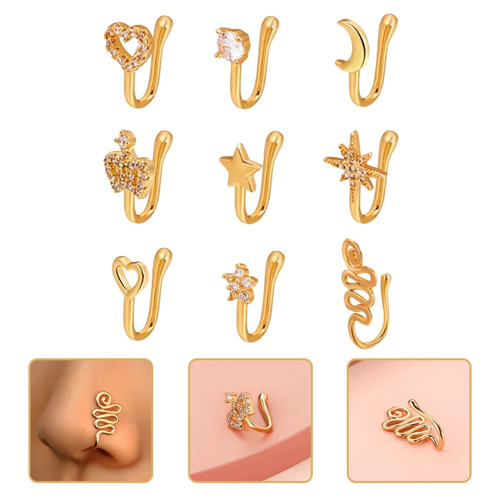 

9Pcs Nose Copper U shaped Clips Dangle Golden Piercing Free Jewelry for Party Accessories Women