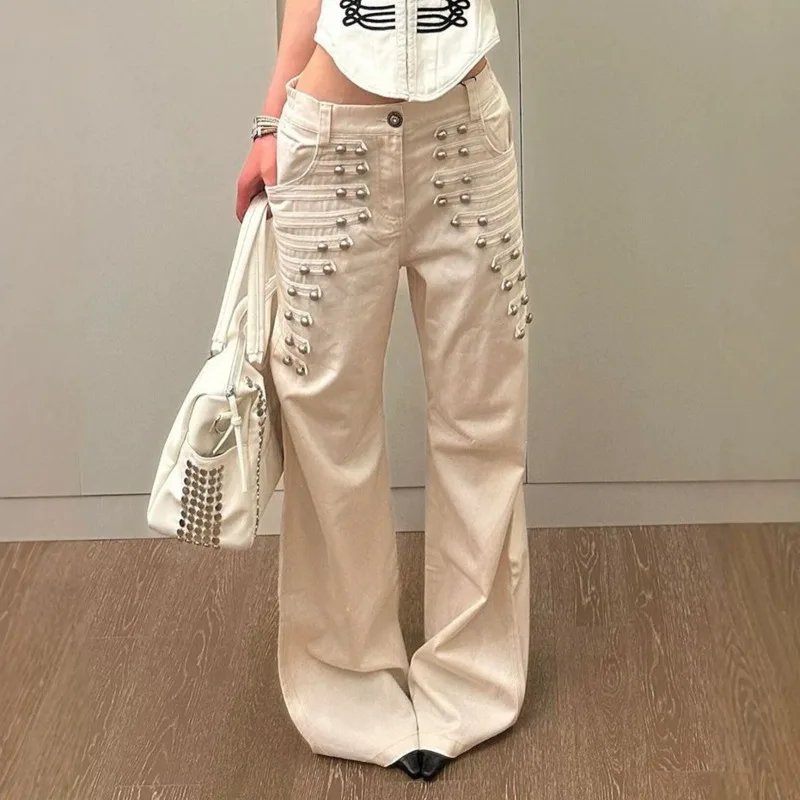 ANJY Spring Autumn New Women Y2K Hot Girl Design Metal Buckle Decoration High Street Vintage Straight Leg Ins Denim Pants A26429