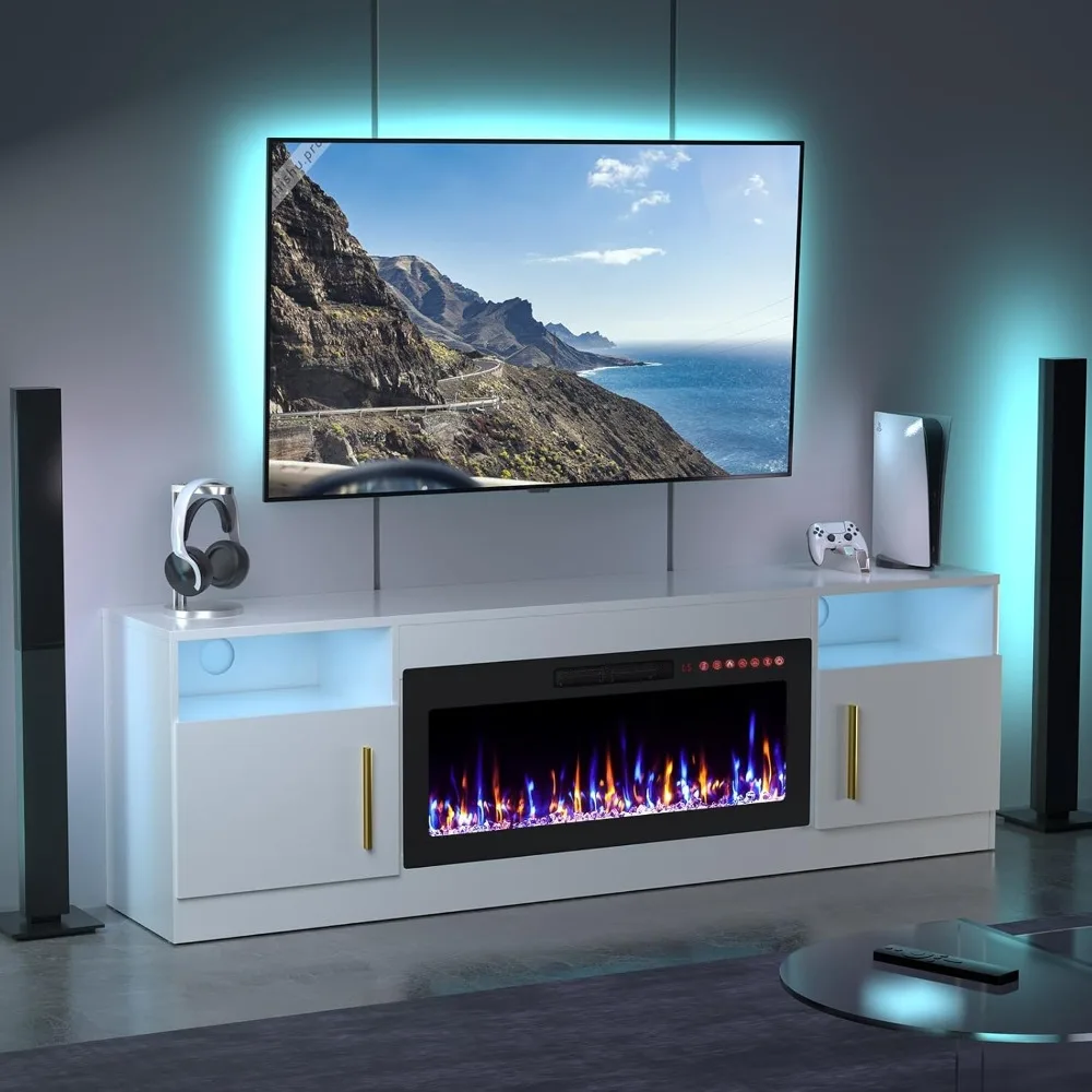 70 حامل تلفزيون مدفأة كهربائية بيضاء حديثة مع مركز ترفيه LED لغرفة المعيشة