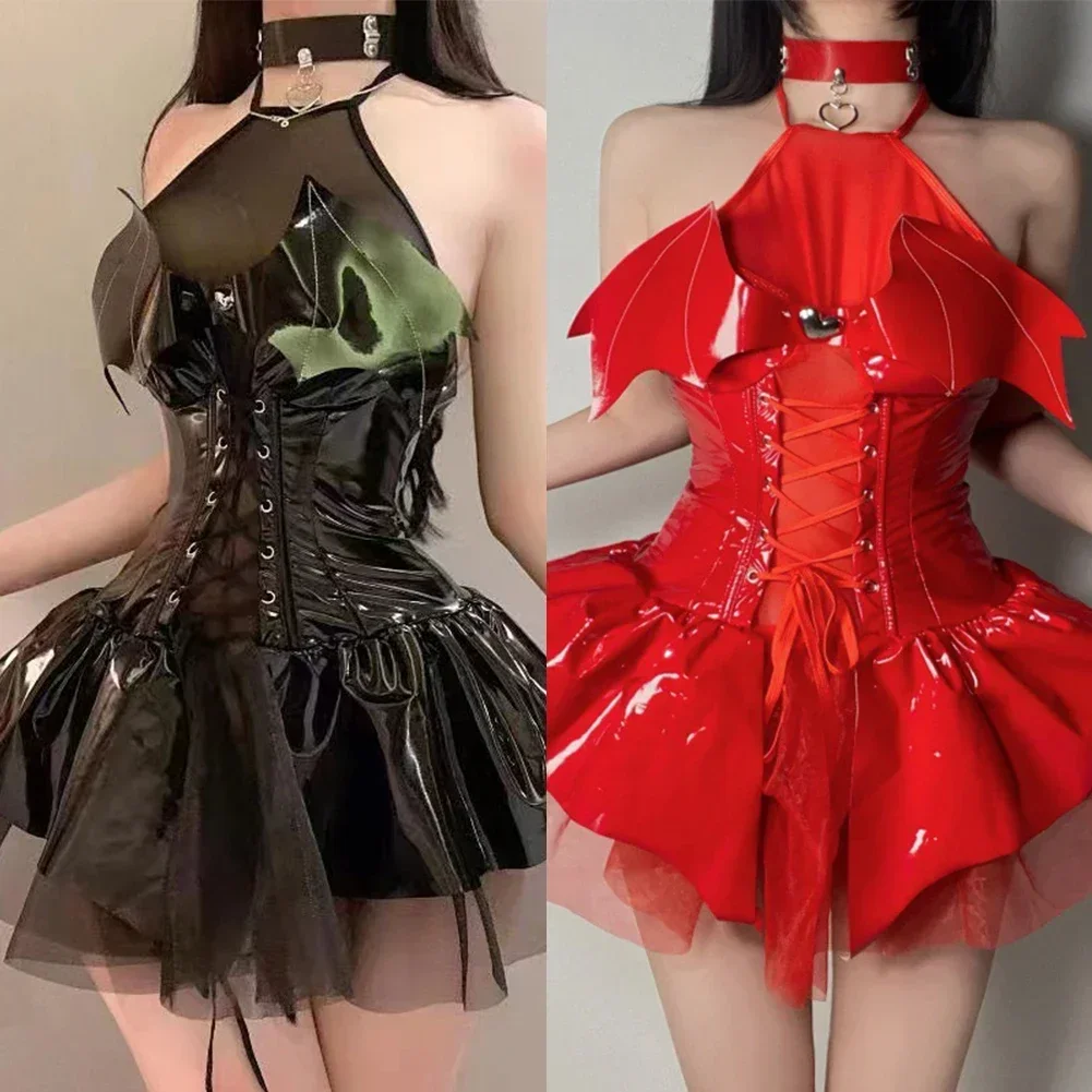 Little Devil Cosplay Costumes Spider Dress Shiny Patent Leather Trim Short-Dress Outfits Wet Look Club Nightwear Anime Roleplay