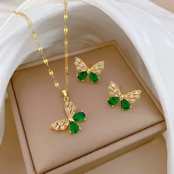 Classic Gorgeous Green Hollow Stainless Steel Butterfly Necklace Earrings Set Decoration Fashion Girl Birthday Dinner Gift
