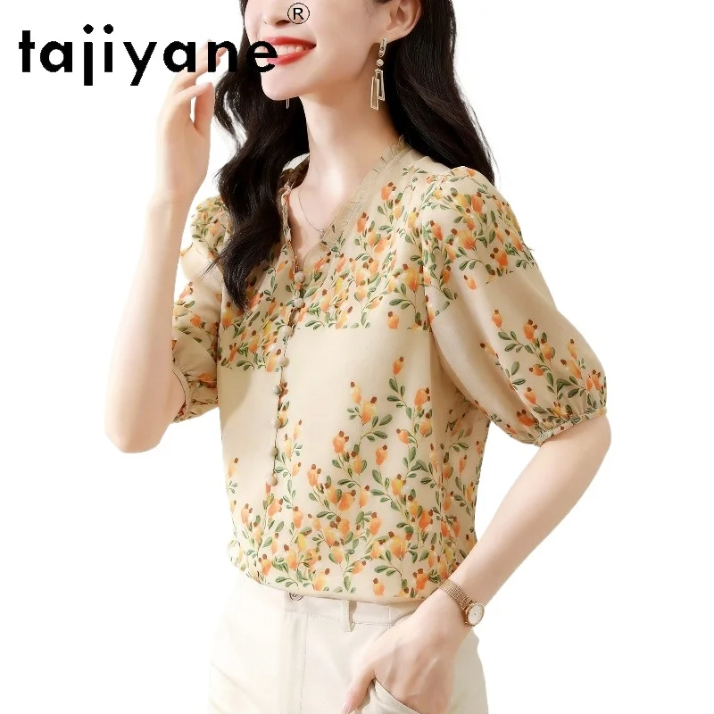 

TAJIYANE 100% шелковая блузка из тутового шелкопряда для женщин, желтая с цветочным принтом, свободная, летняя, с V-образным вырезом, женская одежда, новинка 2026, рубашка