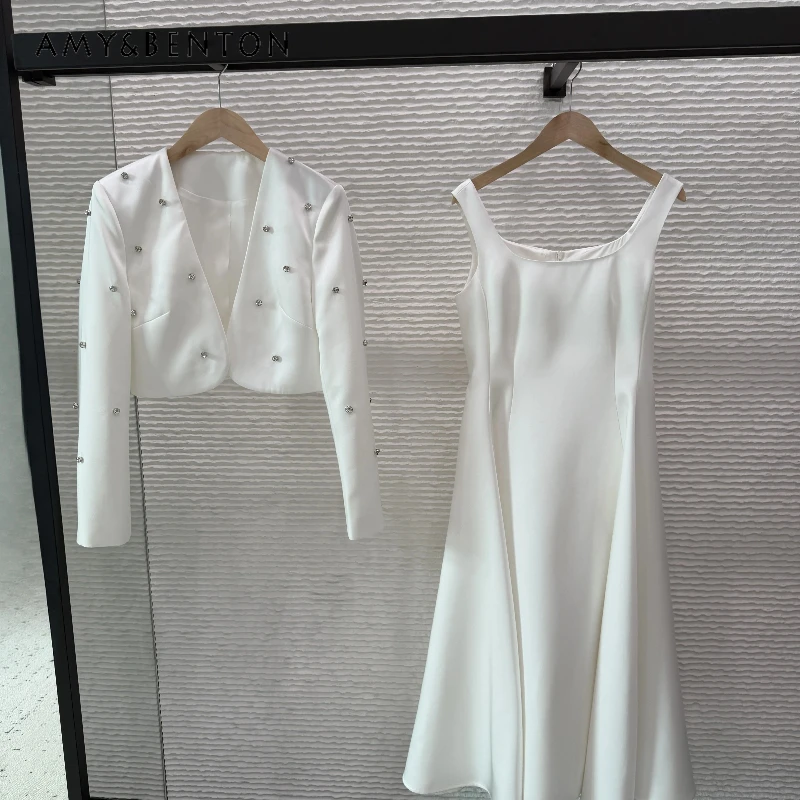 

French Elegant Women's Dress Set 2026 Spring Autumn Commuter Short Jacket Nailed Diamond Temperament Sling Dresses Sets Ladies