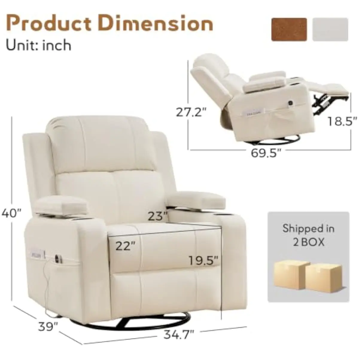 Power Adjustable Swivel Rocker Recliner with Ergonomic Arm Support and Smooth 270° Rotation Plus 30° Rocking Motion in Premium W