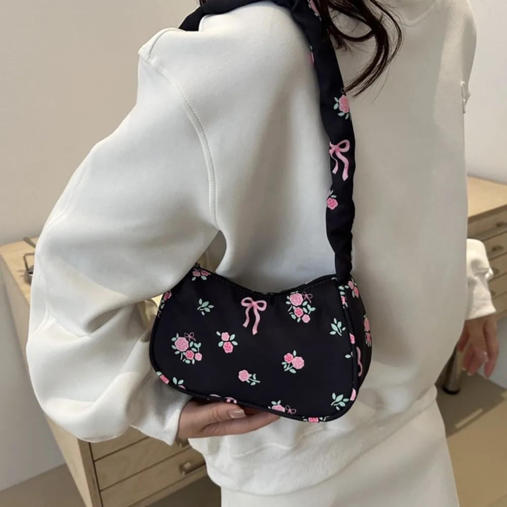 

Simple Ruched Flower Pleated Underarm Bag Bowknot Sweet Nylon Handbag Portable Handle Floral Shoulder Bag Girls