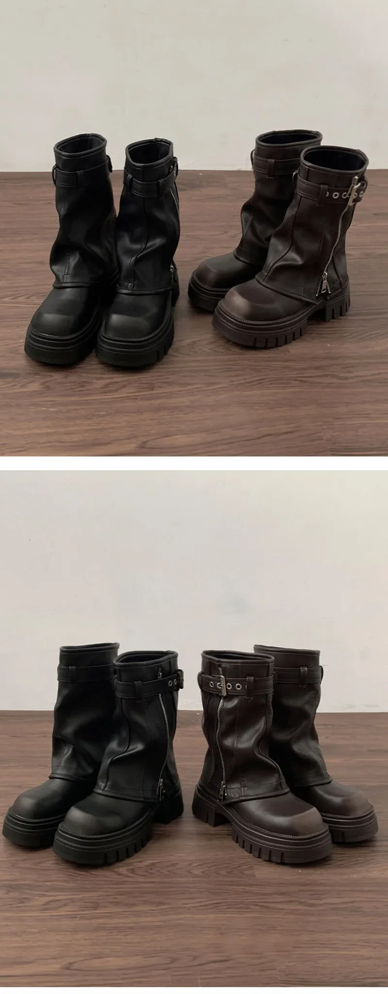Winter Damen Biker Stiefel Mode Gürtelschnalle Elegante Plateau Flache Kurze Stiefeletten Lässige Damen Ritterstiefeletten – Detail 12
