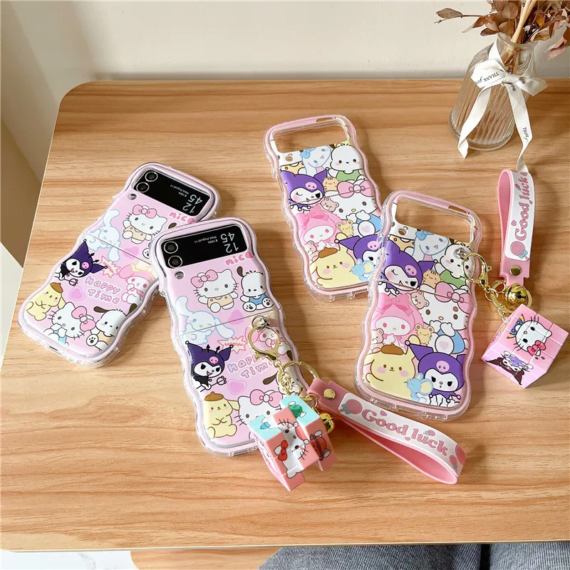 

Cartoon Sanrios Hello Kitty Kuromi with Rubik's Cube Pendant Phone Case for Samsung Galaxy Z Flip 3 4 5 5G PC Hard Back Cover