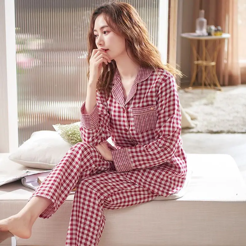 2023 Autumn and Winter New Women Pajamas Pure Cotton Breathable Long Sleeves Plaid Cardigan Loose Comfortable Jacket Casual Suit