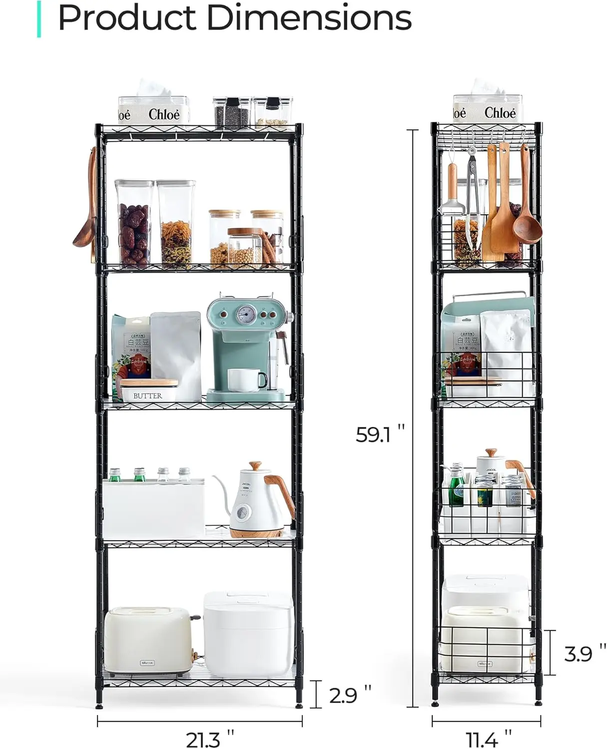 5-Tier Storage Shelves, Height Adjustable Pantry Shelves with 5 Hooks & Shelf Liners