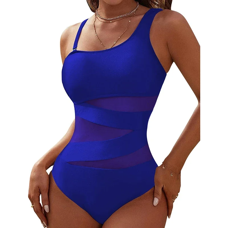 Traje de baño ajustado Sexy para mujer, traje de baño de una pieza de malla transparente con tirantes irregulares, ropa de playa sencilla, monos