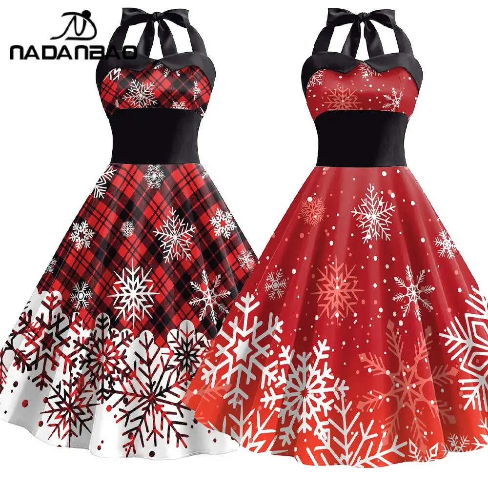 

Nadanbao Christmas Fashion Holiday Party Dresses Women Snowflake Printing Slip Dress Girls Backless Flounce Slim Costume