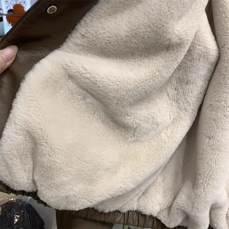 2025 Autumn Winter Plush Thickened Leather Jacket Women's Fashion PU Leather Coats Big Fur Collar Short Locomotive Coat Top