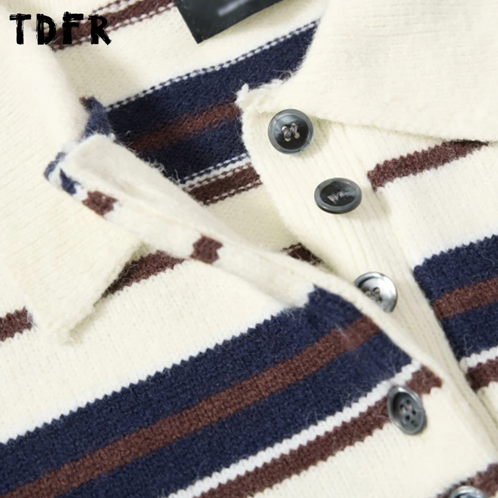 대비 패널 스트라이프 스웨터 남성 레트로 가을 겨울 캐주얼 루즈 긴 소매 옷깃 니트 풀오버 남자