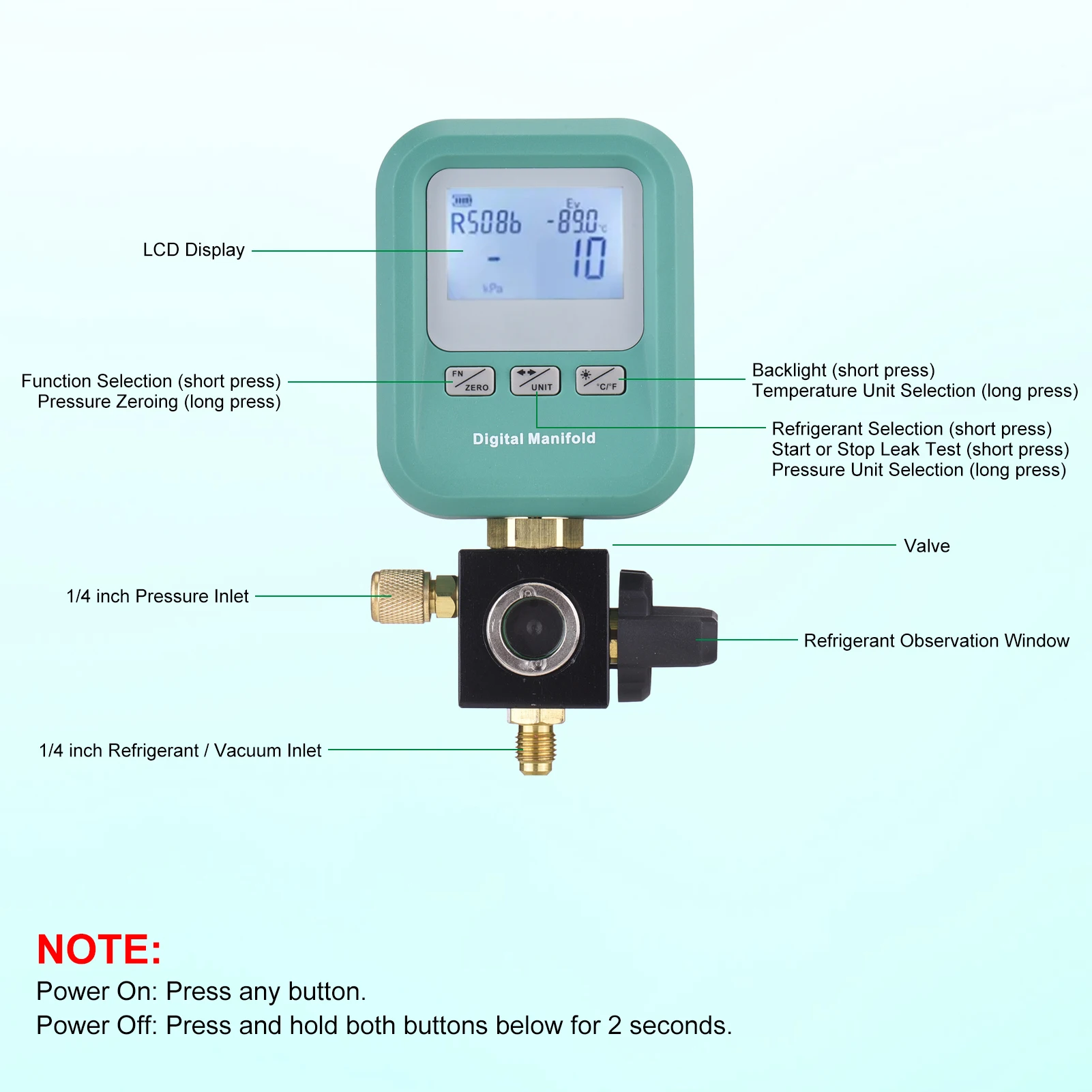 DY519 Digital Manifold Gauge For HVAC R134A R410A R32 R22, 6000kPa Pressure Vacuum Tester With Backlit LCD, 1/4