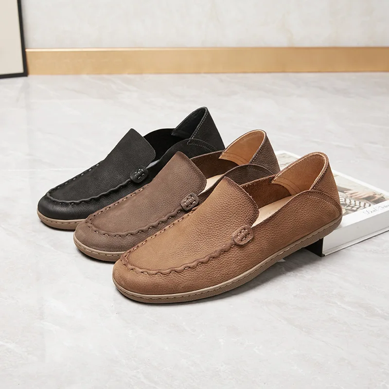 

Мужская обувь из натуральной кожи в стиле ретро, повседневная обувь из воловьей кожи, черные лоферы, старомодные крестьянские туфли